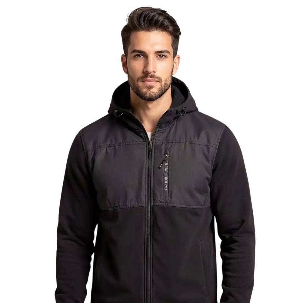 New Balance Mens Black Full Zip Fleece Hybrid Hooded Jacket Large NWT